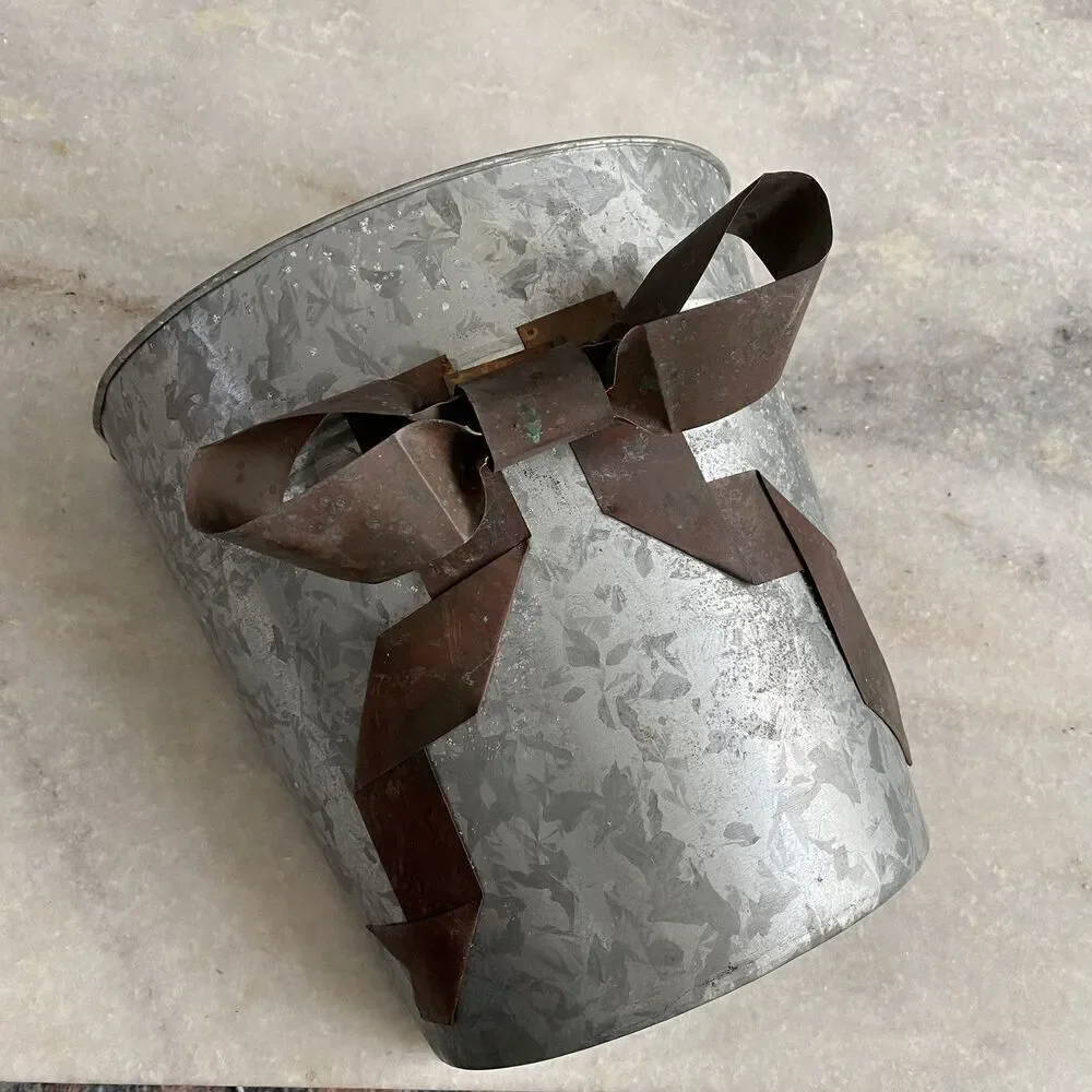 Galvanized Gray Metal Wall Pocket Vase Vintage Rustic Farm Hanging Planter Bow